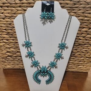 Turquoise Colored Squash Blossom Necklace And Earring Set New
